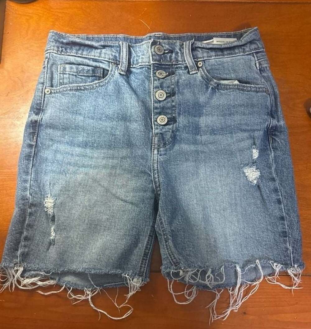 Eunina Kayley High Rise Mid Thigh Distressed Denim Shorts Size S